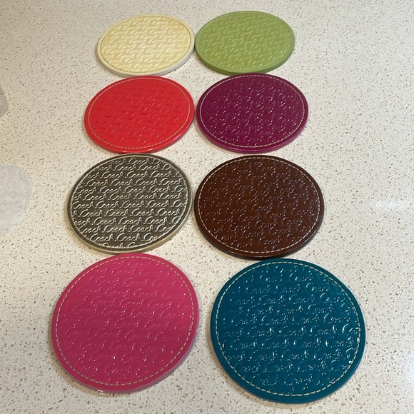 Coach Legacy Rare 8 Piece Multicolor Leather Coaster Set with strap holder. - Picture 7 of 9